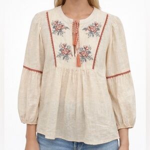 Calligraphie Embroidered Boho Peasant Blouse M Cream 100% Cotton India